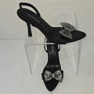 12THOMPSON Ellie Black Satin Rhinestone Bow Slingback Heels Womens Size 10M